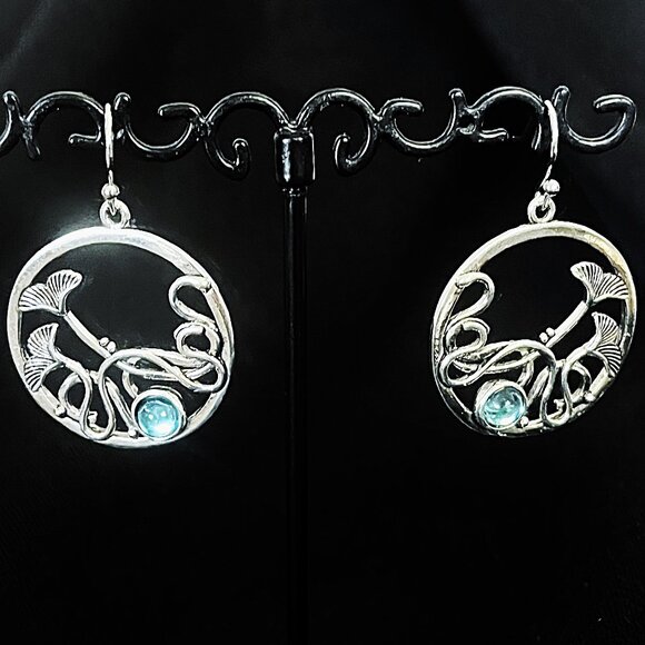 925 Silver Circle Earrings Ginkgo Leaves Inlaid Blue Crystals & Silver Wires NEW - Picture 3 of 3